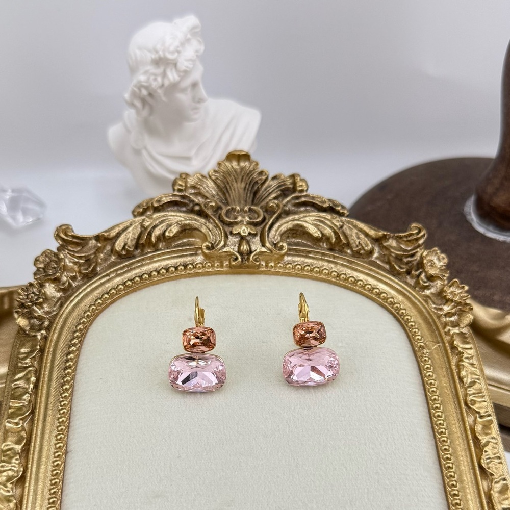 Pink Crystal Drop Earrings – Gold-Plated Stainless Steel - Picture 6 of 10